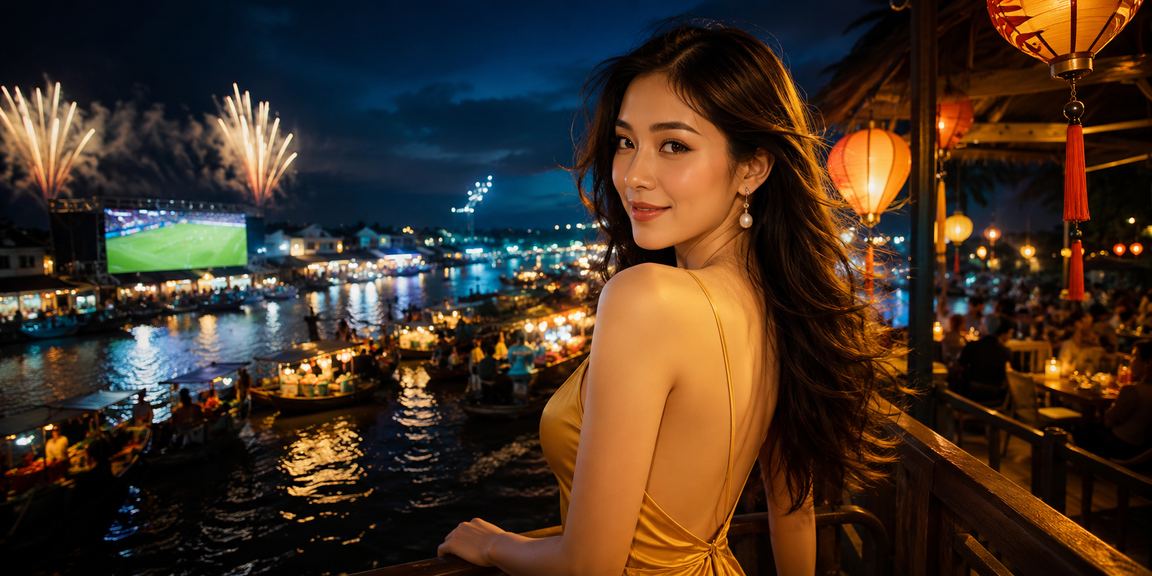 Thành viên VIP tại phố cổ Hội An theo dõi kèo cá cược buổi tối dưới ánh đèn lồng
